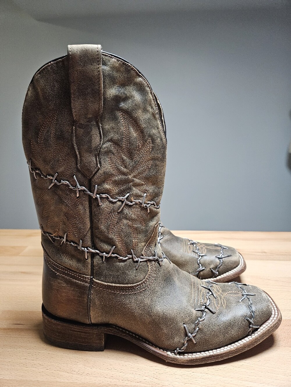 Corral Leather Barbed Wire Square Toe Brown Cowboy Boots Mens Size 8.5 EE